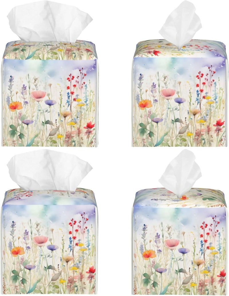 sndheke Watercolor Flower Tissue Box Cover Square,Colorful Flowers Tissue Box Holder Waterproof Leather Facial Paper Organizer Dispenser for Bathroom Home Car Nightstand Vanity Desk - Image 2
